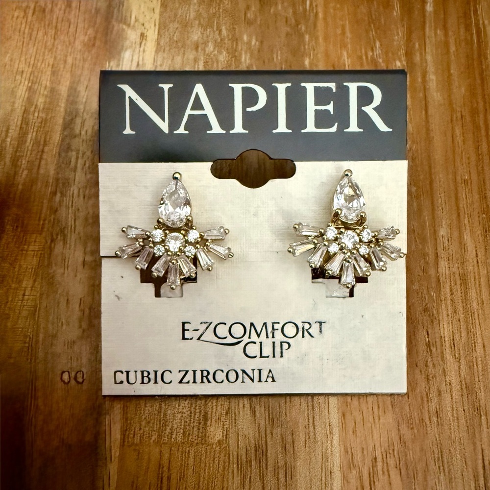 Vintage Napier signed Gold and Cubic Zirconia Clip Earrings